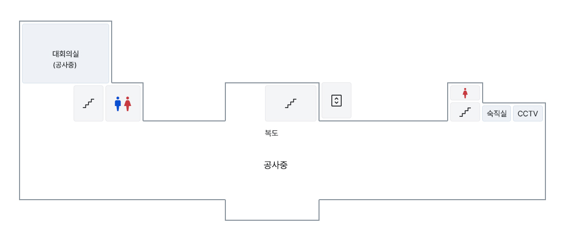 1층에는 건물 좌측을 기준으로 대회의실, 인사혁신과장, 계단, 화장실, 안내실, 계단, 화장실, 계단, CCTV, 인권센터, 이북5도사무소, 장애인복지과, 행정국장, 공유회의실, 기획관리실장, 숙직실, 행정운영과장, 행정운영과, 인사담당실, 인사혁신과가 있습니다.